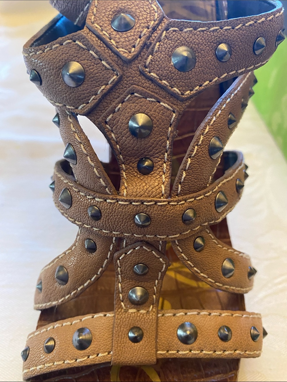 Sam Edelman Keith Tan Leather Studded Caged Gladiator Block Heel Sandals 10M - Picture 5 of 6